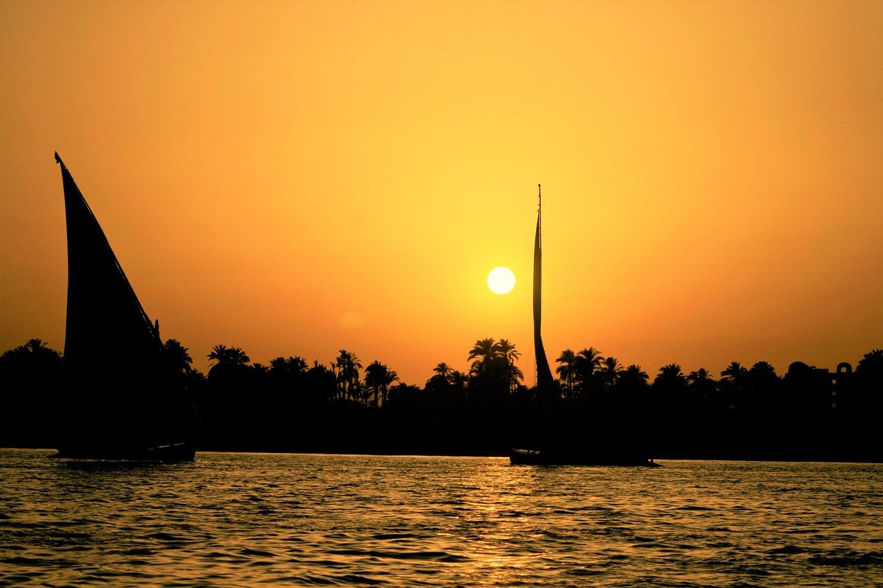 sunset, nile, egypt, felucca, river, water, boat, sails, orange water, nature, orange river, orange boat